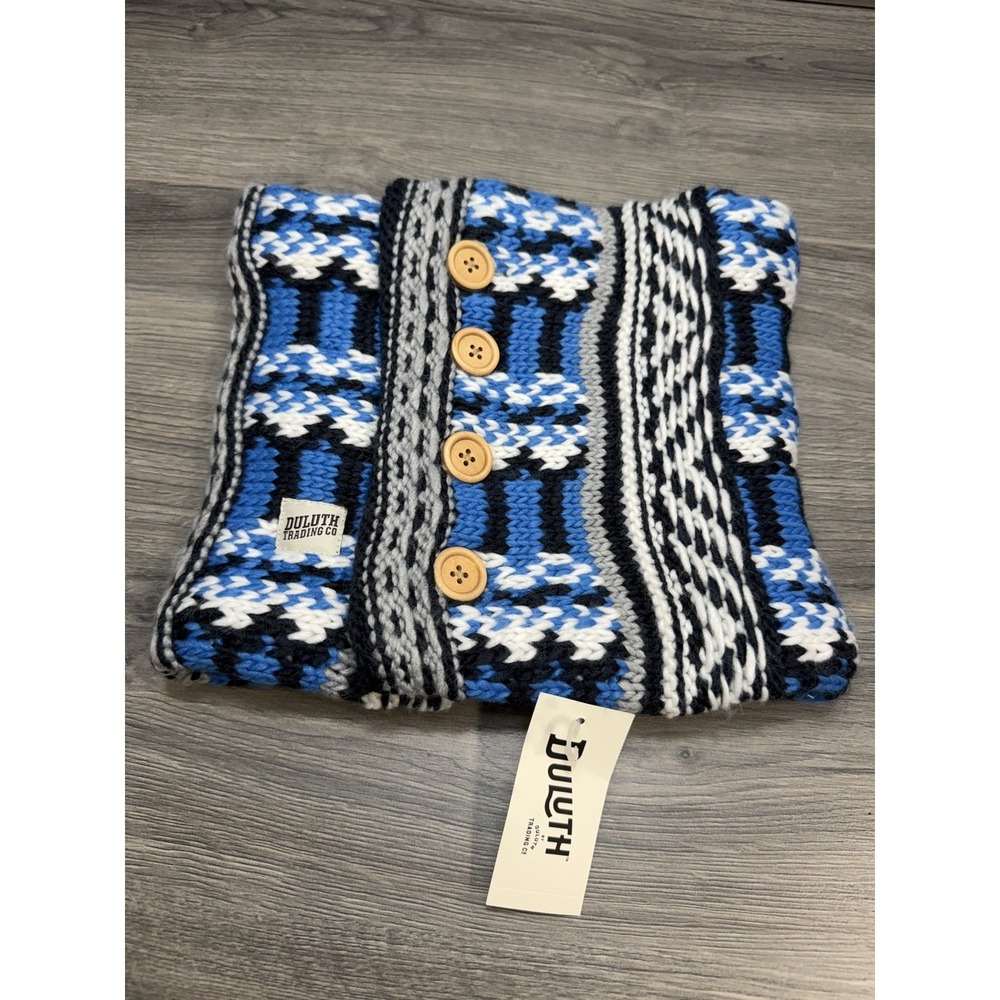 Duluth Trading Fair Isle Blue White Button Knit Plush Neck Warmer Winter NWT